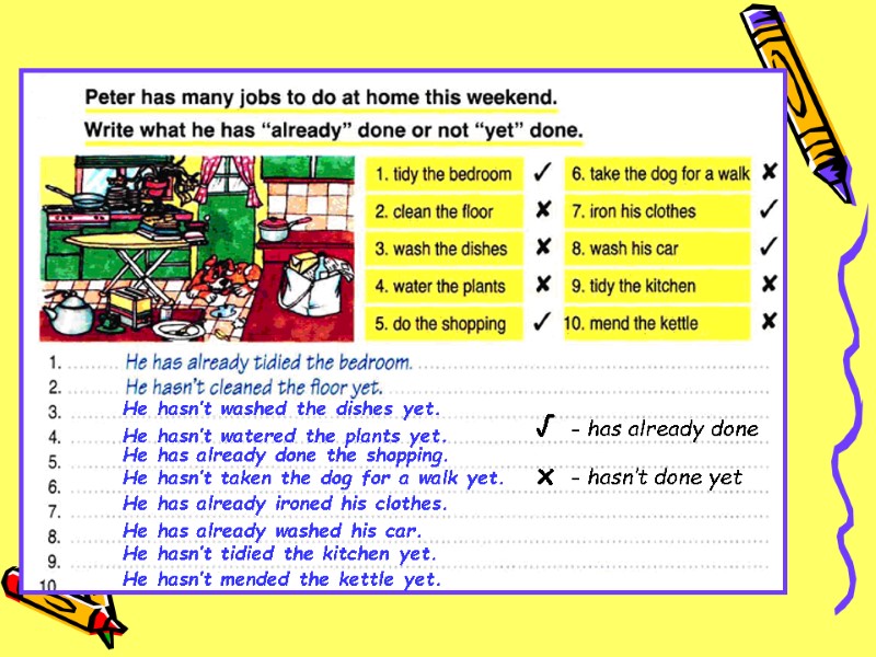 √ x - has already done - hasn’t done yet He hasn’t washed the